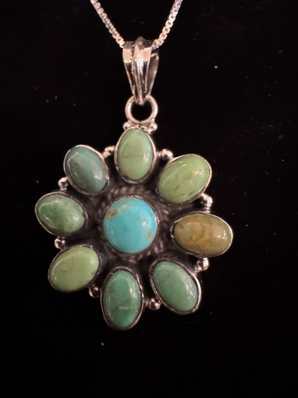Sterling Silver Green Turquoise Flower Pendant Necklace - Picture 5 of 5